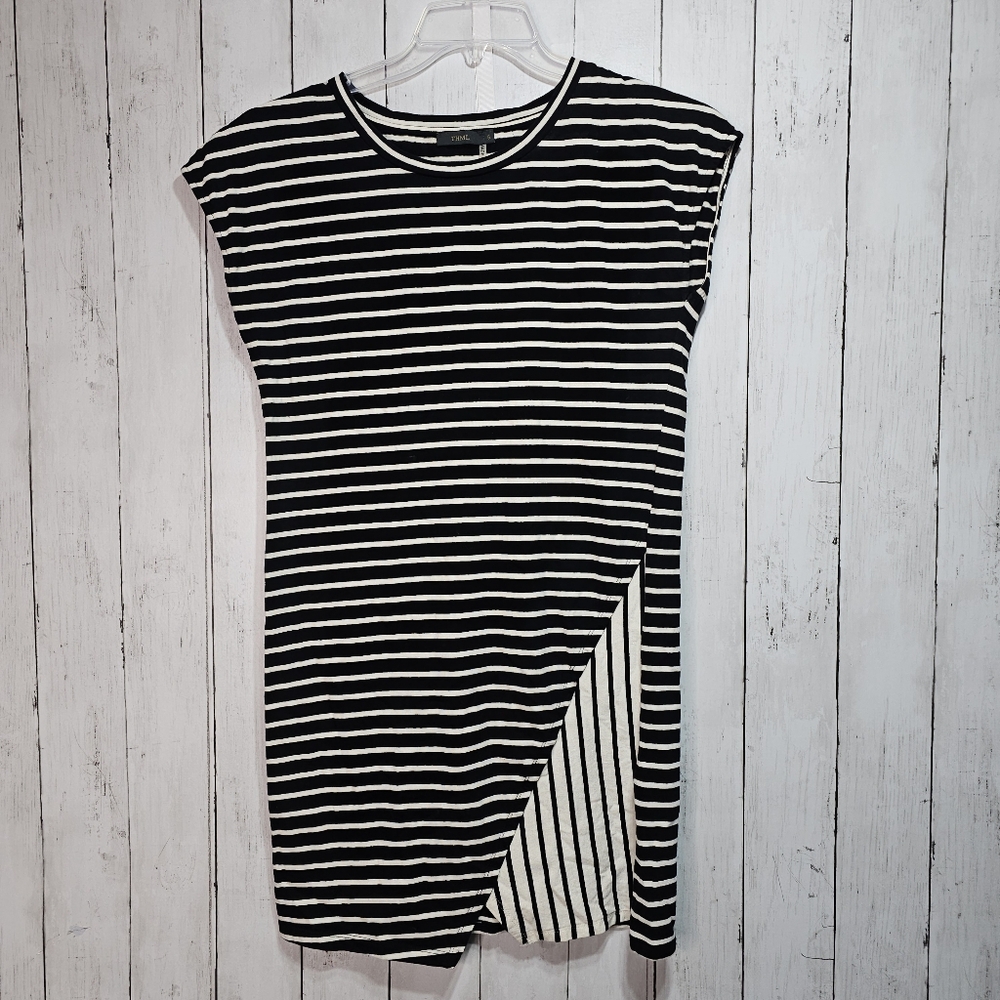 THML Anthropologie Women's Black Ivory Striped Cotton Shift Dress Size Small.